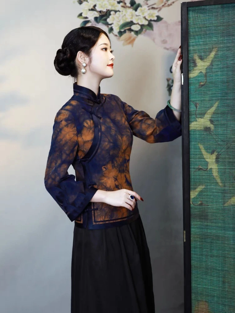 【100%桑蚕丝扎染龟纹中式上衣】香云纱大太太服中国风sh25003