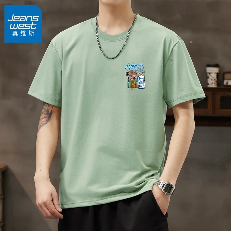 Jeanswest/真维斯夏季薄款男士短袖t恤潮牌印花圆领宽松纯棉男装