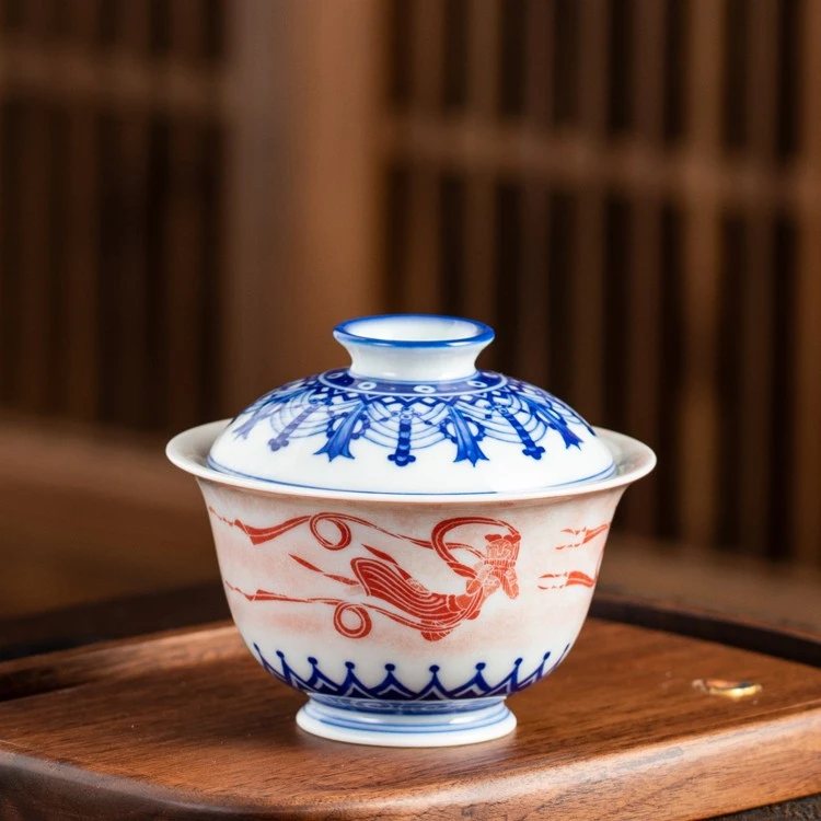 詺兮清窑敦煌飞天二才盖碗【龙】景德镇青花拓片泡茶碗