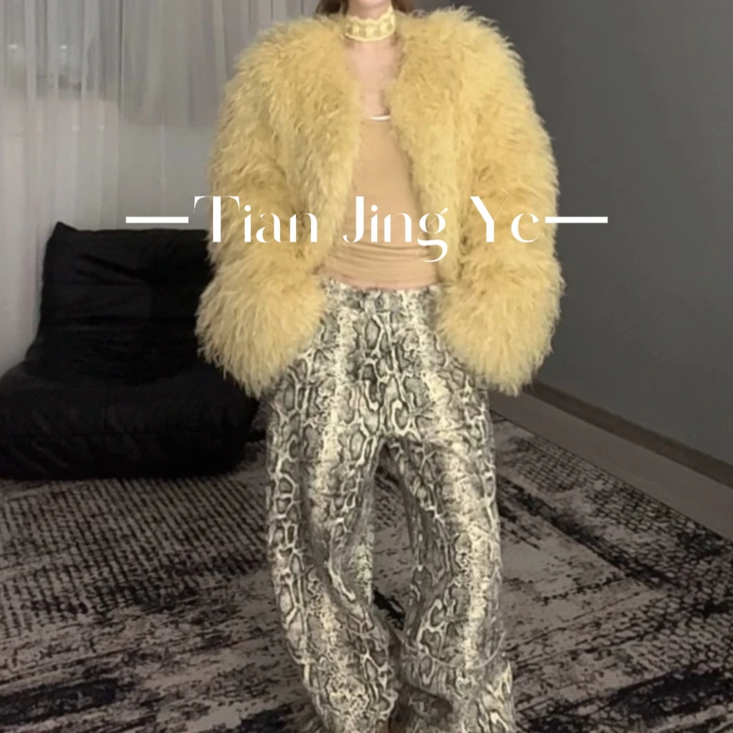 【田景野】冬季新款复古时尚小众高腰蛇纹设计感阔腿休闲裤