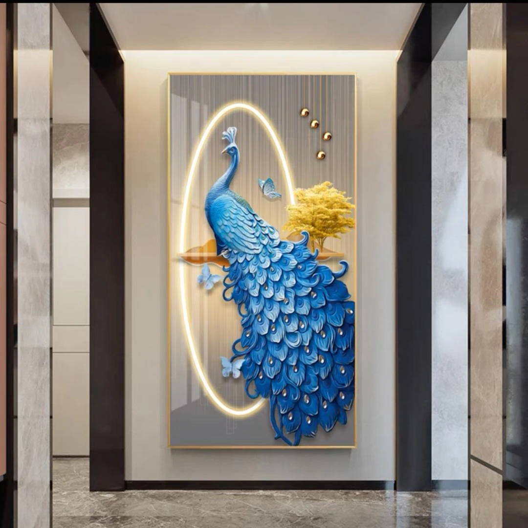 Q191孔雀呈祥轻奢入户晶瓷镶钻玄关装饰画玄关画壁画晶瓷装饰画