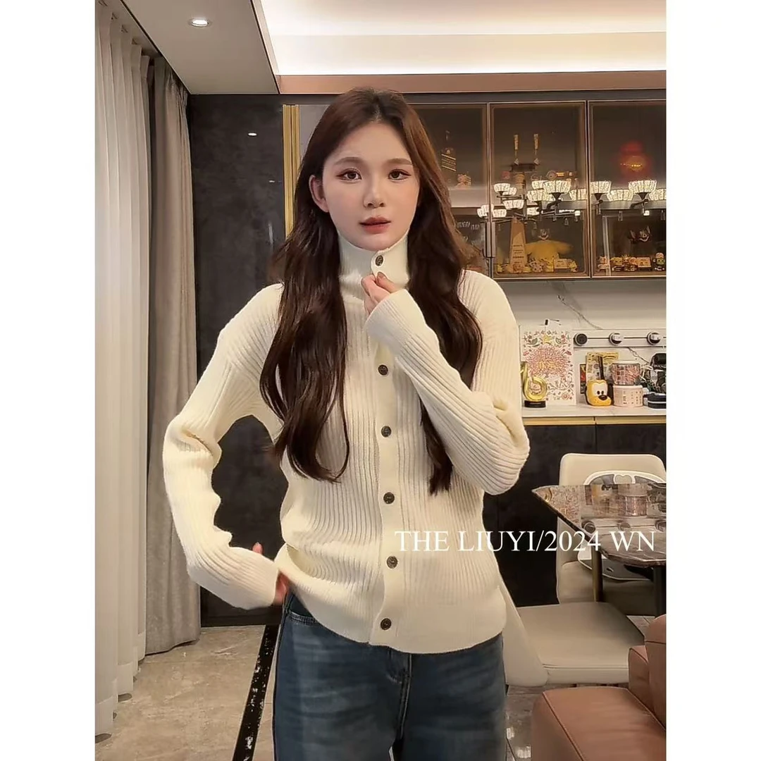 【LIUYI】冬季钮扣设计高领毛衣针织开衫412117