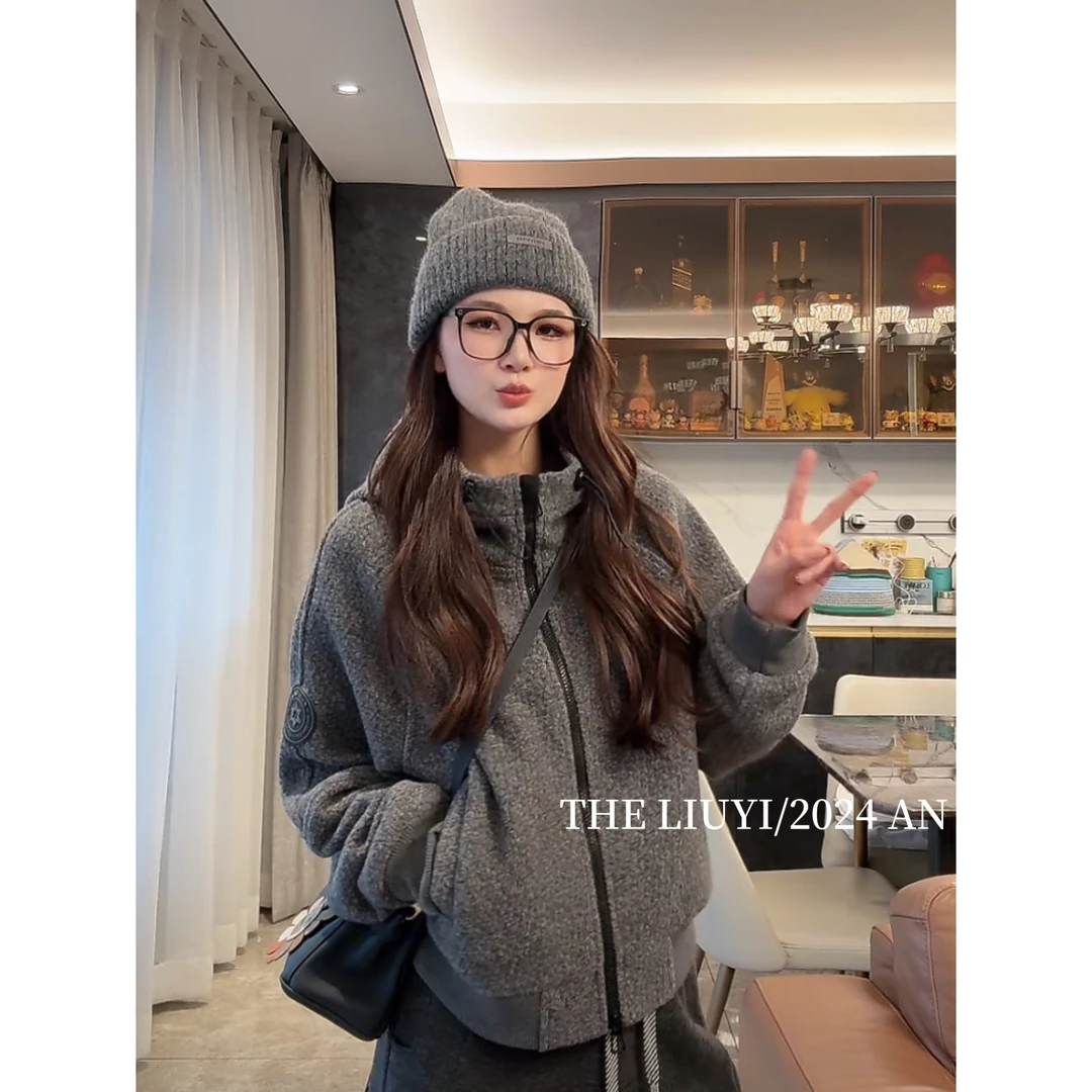 【LIUYI】冬款羊毛混纺加厚保暖休闲连帽外套410117