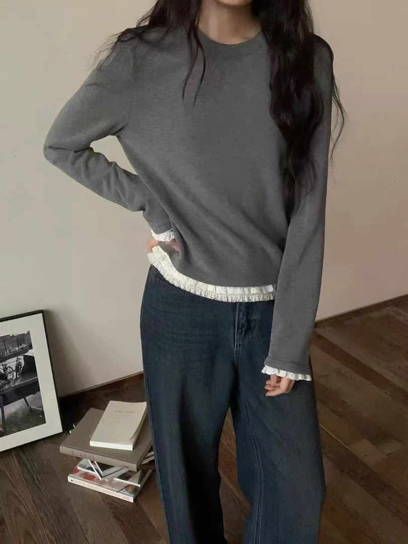 韩系2024冬季款磨毛蕾丝拼接长袖弹力T恤上衣打底小衫女