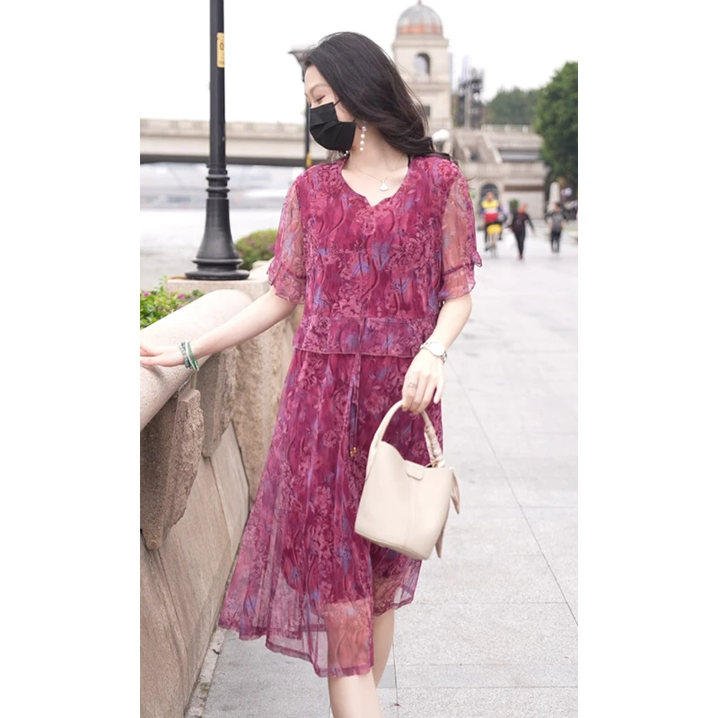 网纱碎花连衣裙女夏季2024年新款洋气大码宽松遮肚妈妈裙子