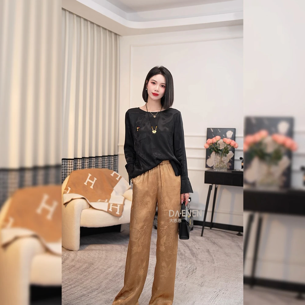 仫赐【浅夏】春季新款新中式国风刺绣休闲裤设计师显瘦F9258气质