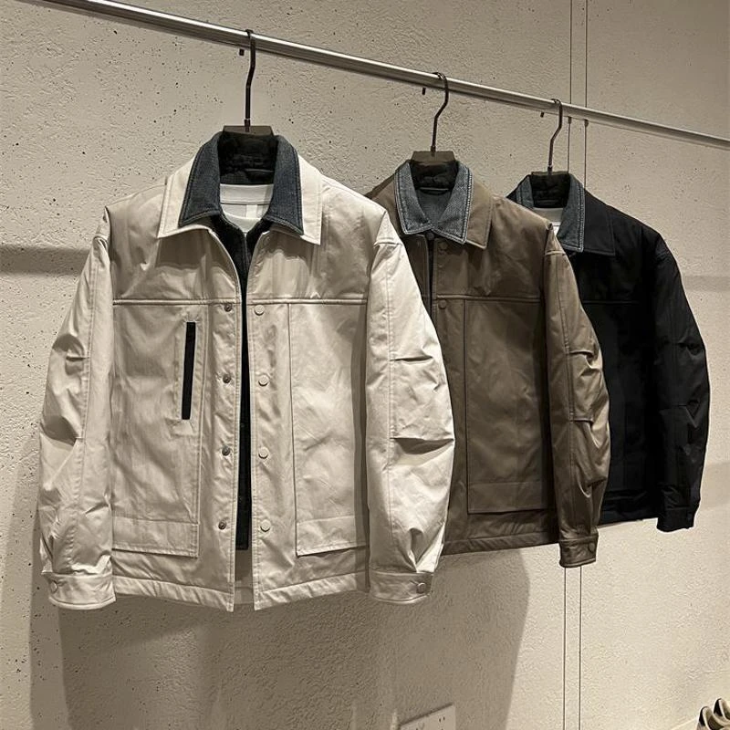 假两件棉服男士冬季2024新款潮牌加厚轻薄保暖牛仔翻领拼接外套