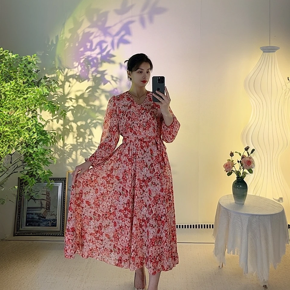 【花开半夏】360度裙摆新款长袖V领收腰长款连衣裙显瘦显高气质端庄