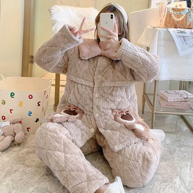 （三层夹棉零下5度-10度）冬季加厚加绒孕妇睡衣珊瑚绒月子服哺乳