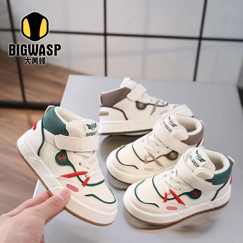 大黄蜂童鞋2024秋款透气百搭鞋子男女童校园魔术贴板鞋时尚小白鞋