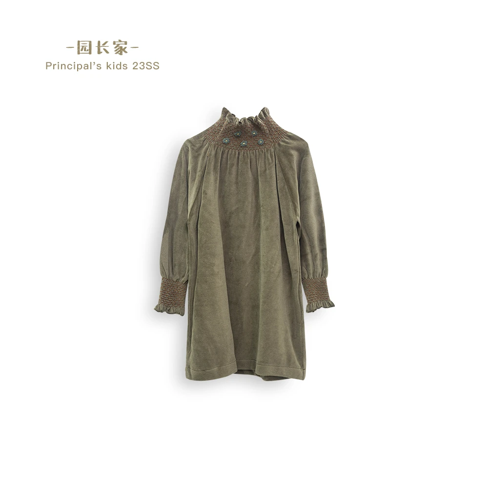 园长家童装 【安娜公主】气质丝绒高领连衣裙绣花绿色宫廷风