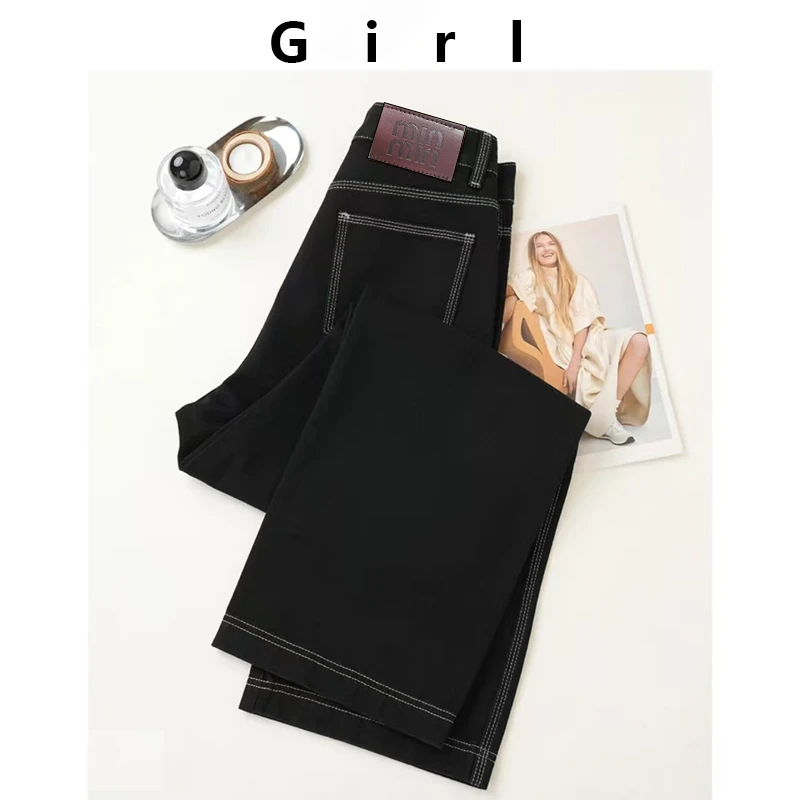 高级感2024年女秋冬新款纯黑百搭加绒加厚牛仔裤女韩版宽松直筒裤