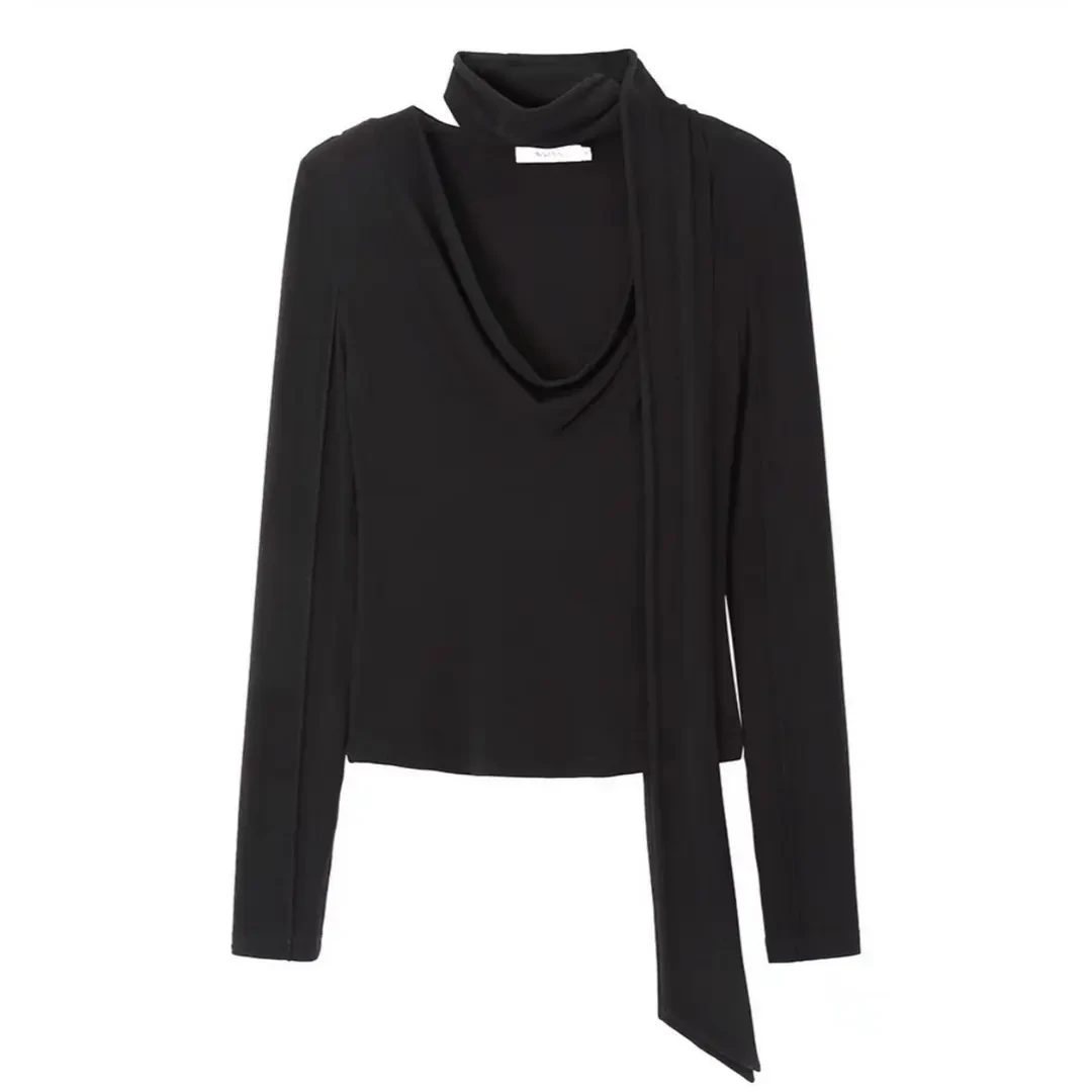 AVVENN 2024冬可拆卸装饰围巾荡领长袖T恤短款显瘦气质百搭时尚