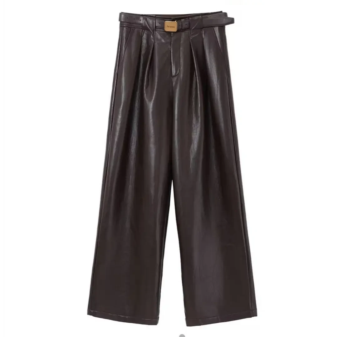 AVVENN 2024冬双褶直筒宽松蛋白皮休闲长裤高腰气质显瘦简约百搭