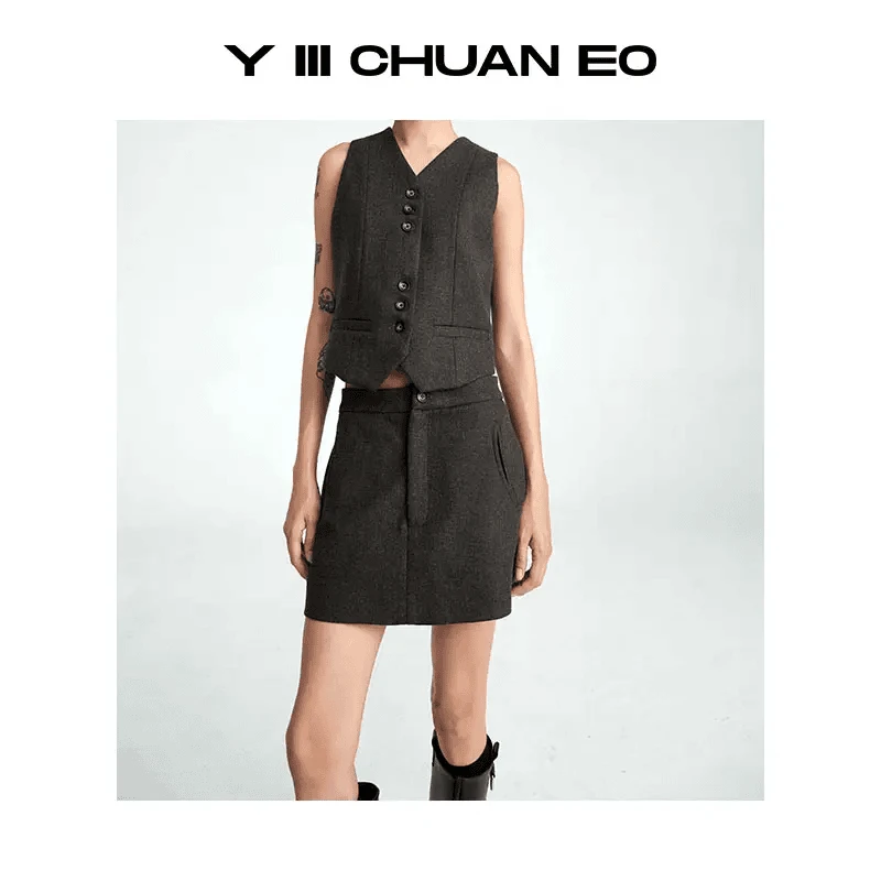 Y III CHUAN EO一川原创秋冬新款休闲羊毛精纺斜纹半身短裙