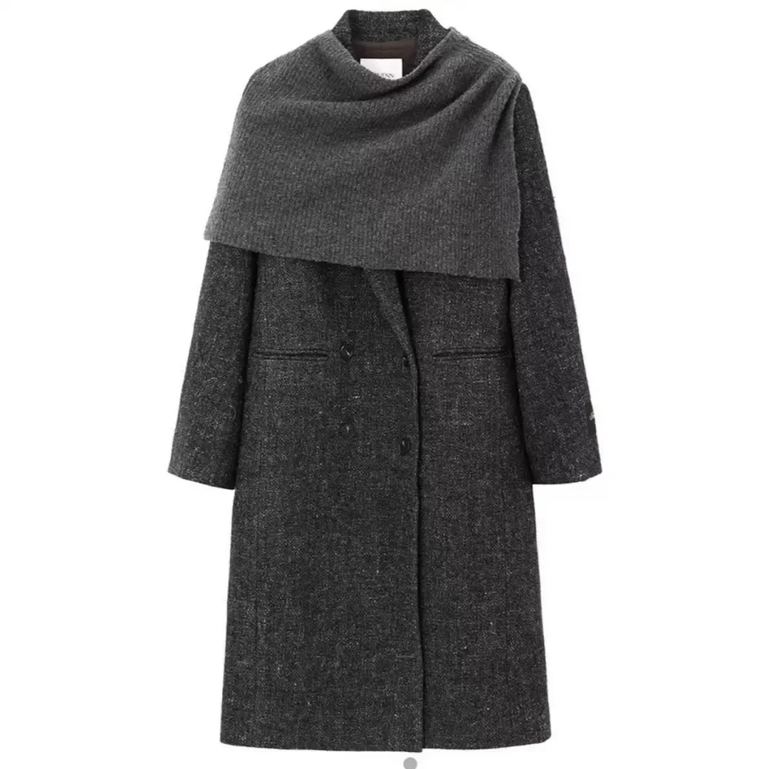 AVVENN  24冬款围巾极简长款毛呢大衣 百搭中长款时尚简约