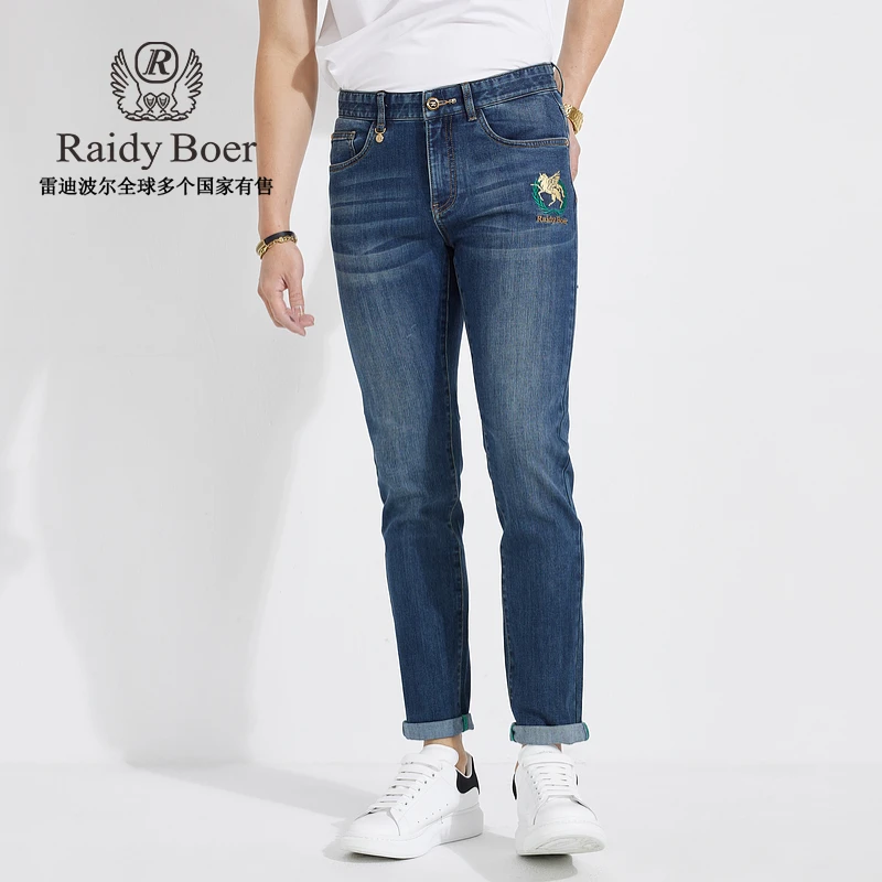 雷迪波尔春夏新款直筒修身休闲裤时尚烫印水洗男牛仔裤子6009-50