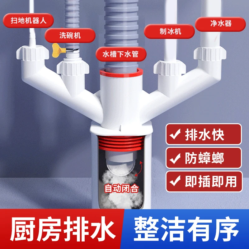 下水三通接头厨房专用防臭防虫防返水50/75PVC管通用免打胶