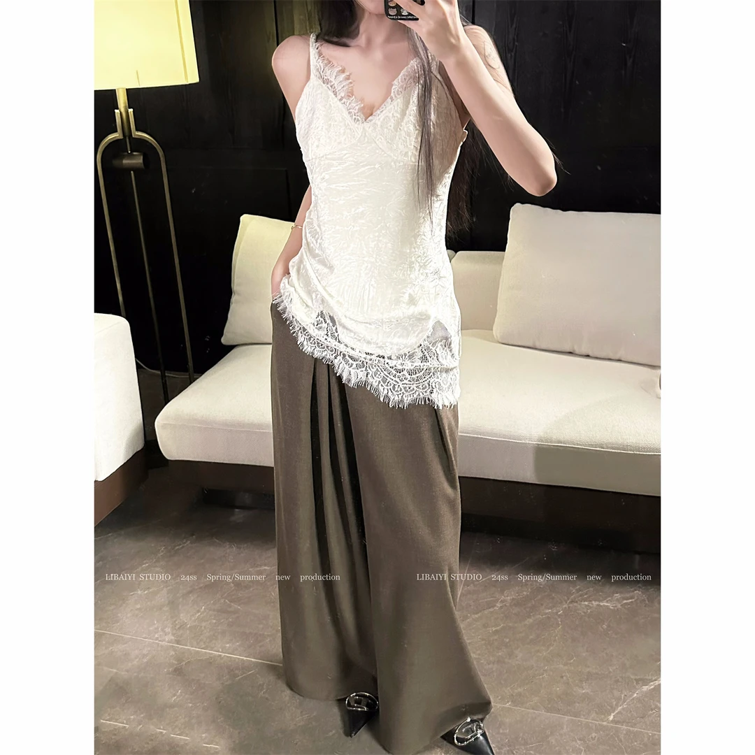 LIBAIYI   松弛蕾丝/秋冬重工蕾丝不规则吊带+休闲长裤套装1292