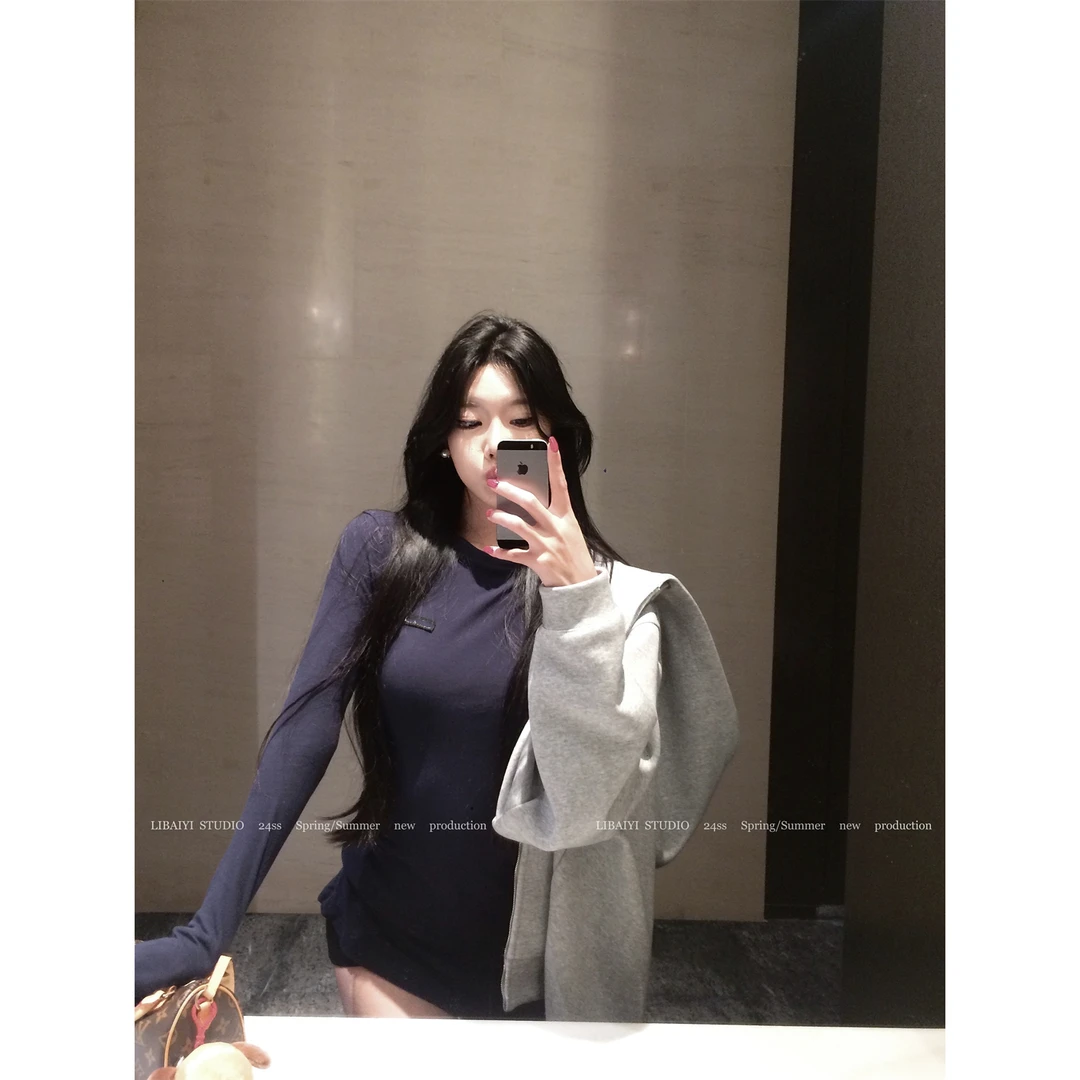 LIBAIYI  Miu好穿/秋季薄款修身长袖圆领打底上衣+短裤套装1202