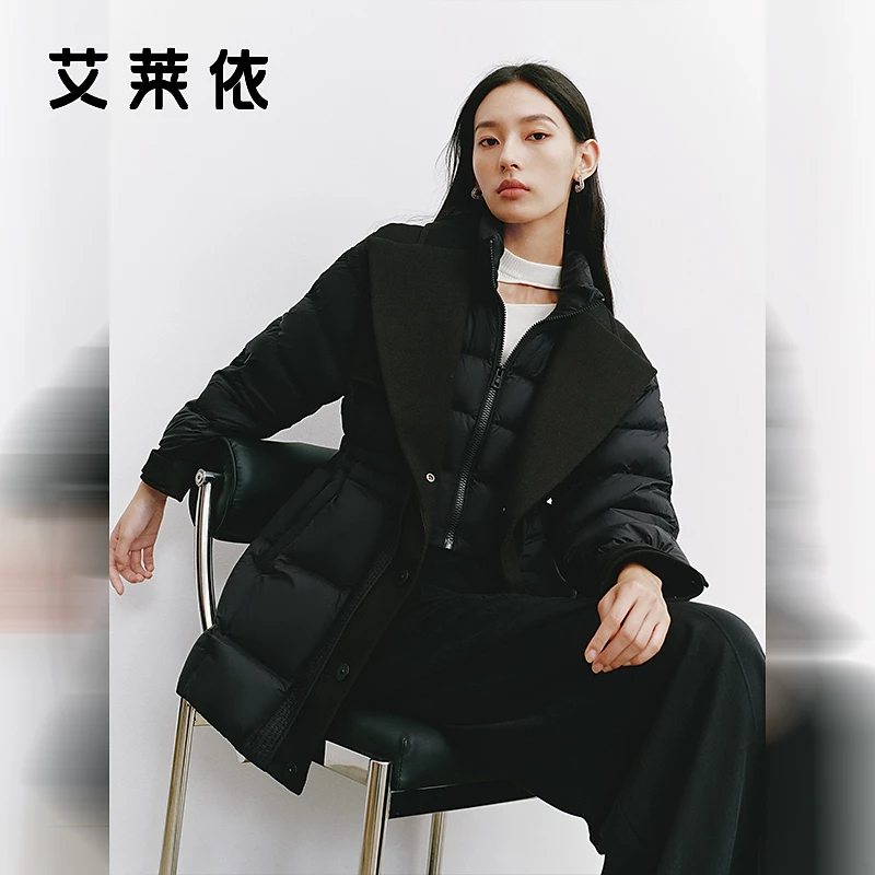 艾莱依西装领中长款羽绒服女士冬季时尚百搭休闲保暖潮流外套3012