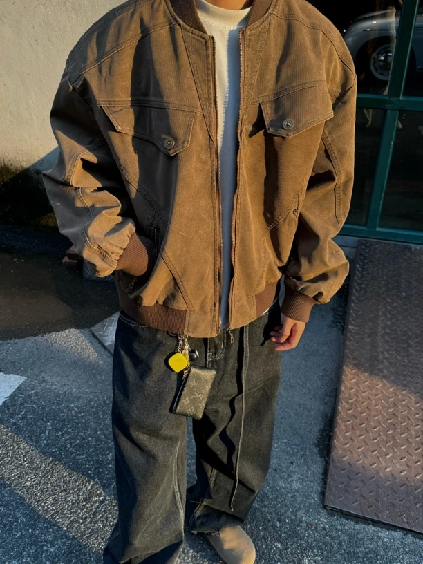 Ninjazz 24A/W 美式短宽版重磅挺阔坑条纹反灯芯绒Pu棒球服外套