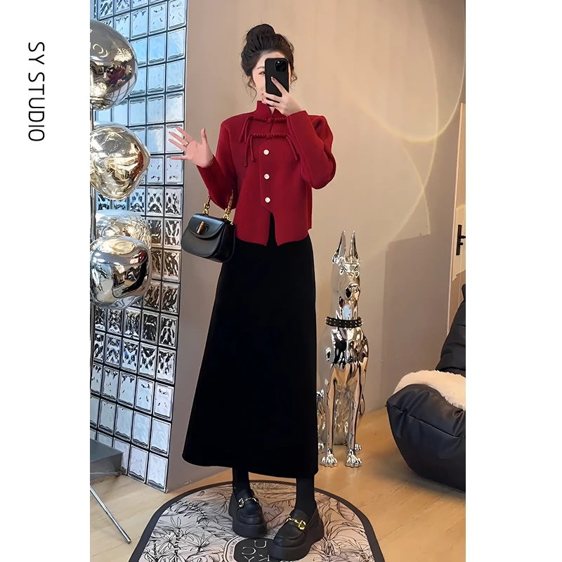 茶系穿搭一整套别致中国红高级感超好看毛衣外套中长款a字半身裙