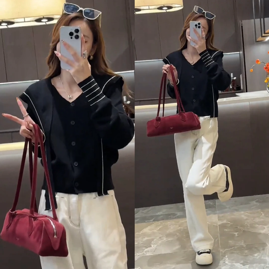 2024秋季新款时尚百搭拼接坎肩+长袖V领针织衫+高腰直筒牛仔裤女