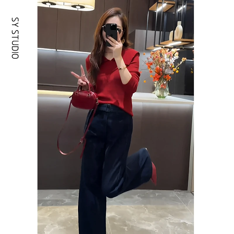 韩系高级感穿搭套装娃娃领设计感绝美针织衫阔腿牛仔裤减龄两件套