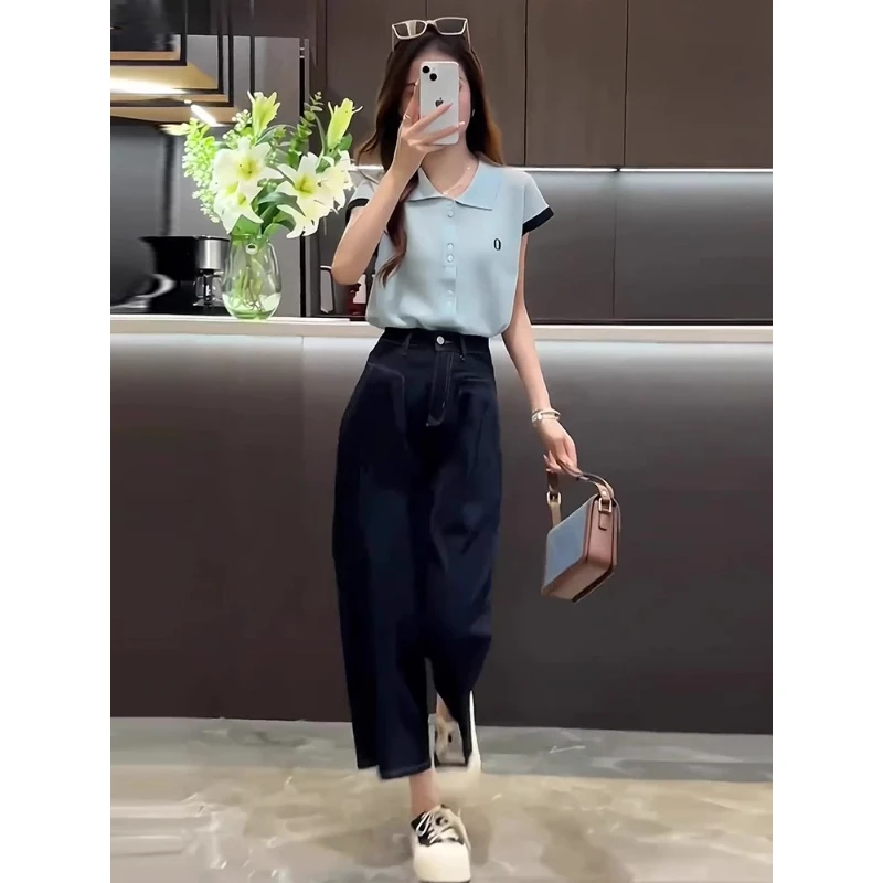 今年流行的夏装时尚撞色翻领短袖上衣阔腿牛仔裤休闲显瘦遮肉套装