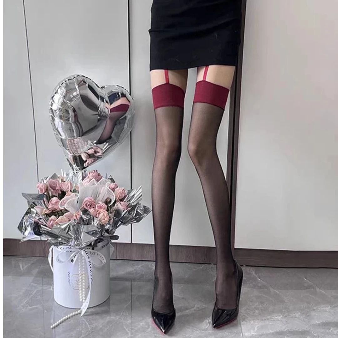 性感吊袜红边黑丝袜显瘦美腿过膝超薄吊带袜女私密发货女款禁欲系