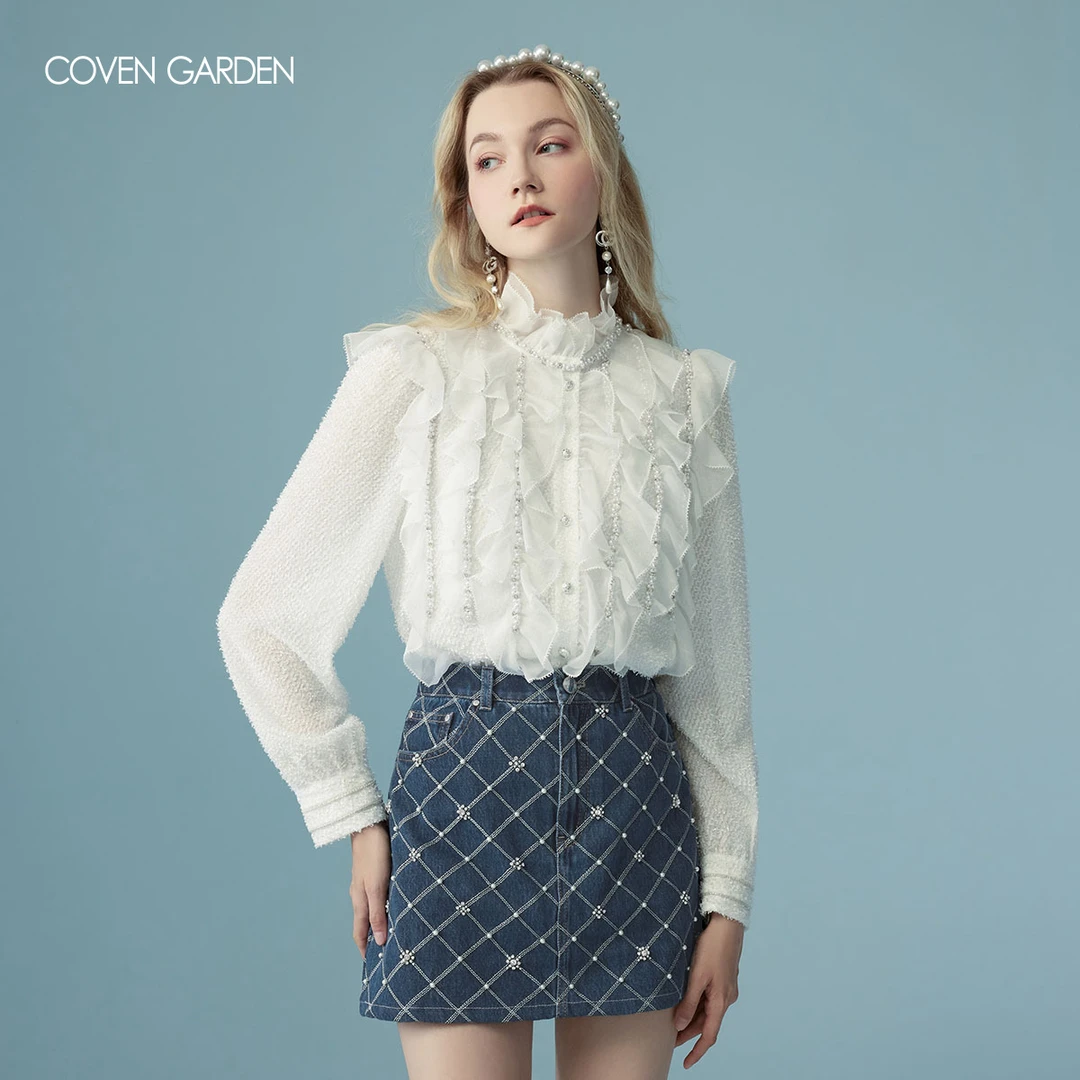 哥文花园 荷叶边门襟串链白衬衫 CLA1015330 COVEN GARDEN