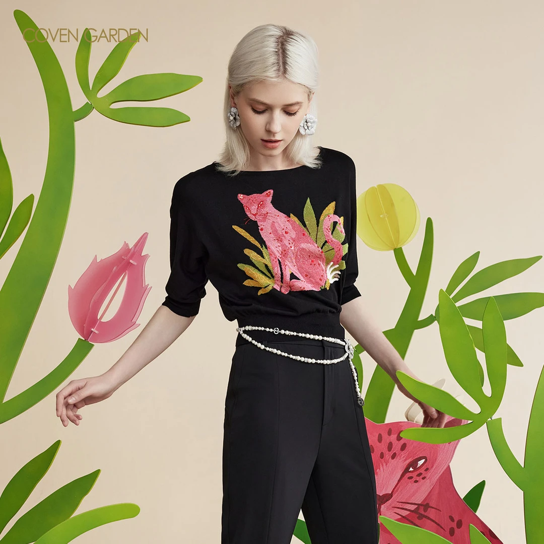 哥文花园 黑色粉红豹珠片针织衫 CLA2031110 COVEN GARDEN