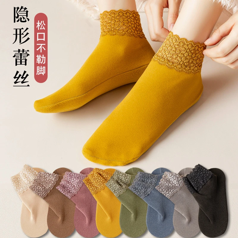 秋冬加厚雪地袜子德绒蕾丝花边短袜女士简约镂空保暖防滑硅胶船袜