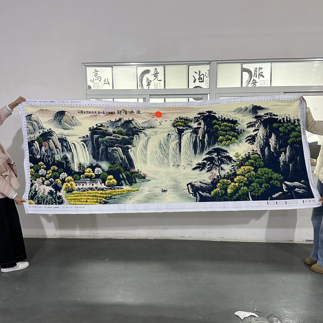 流水生财十字绣成品不带框纯手工出售已绣好的2024新款客厅山水画