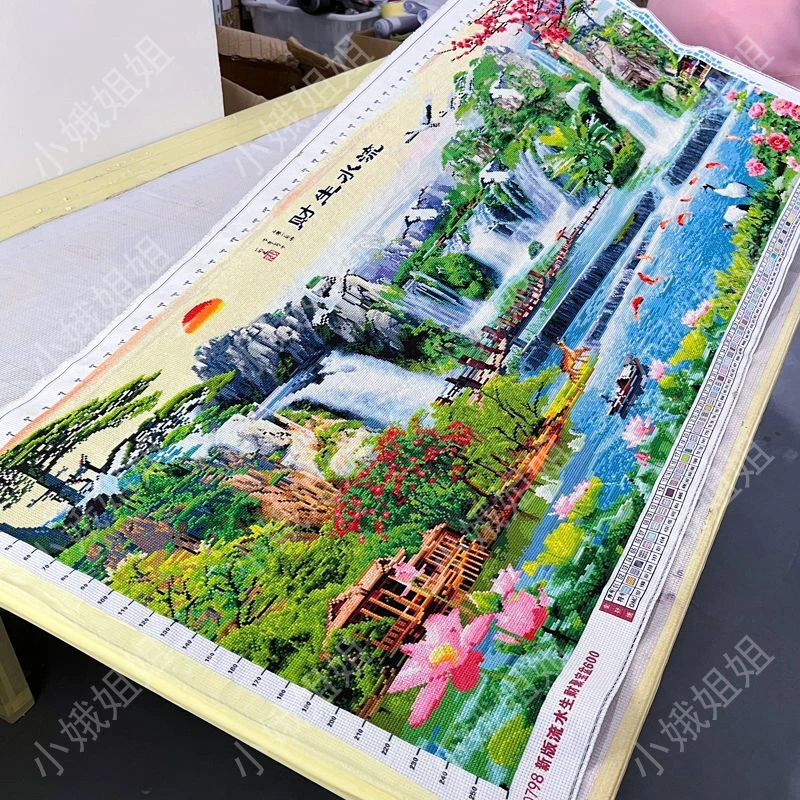 流水生财十字绣成品不带框已绣好纯手工2024新款客厅迎客松山水画