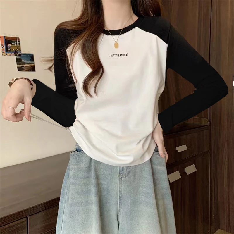 大码设计感抽绳长袖T恤女秋冬季胖MM遮肉显瘦时尚撞色打底衫上衣