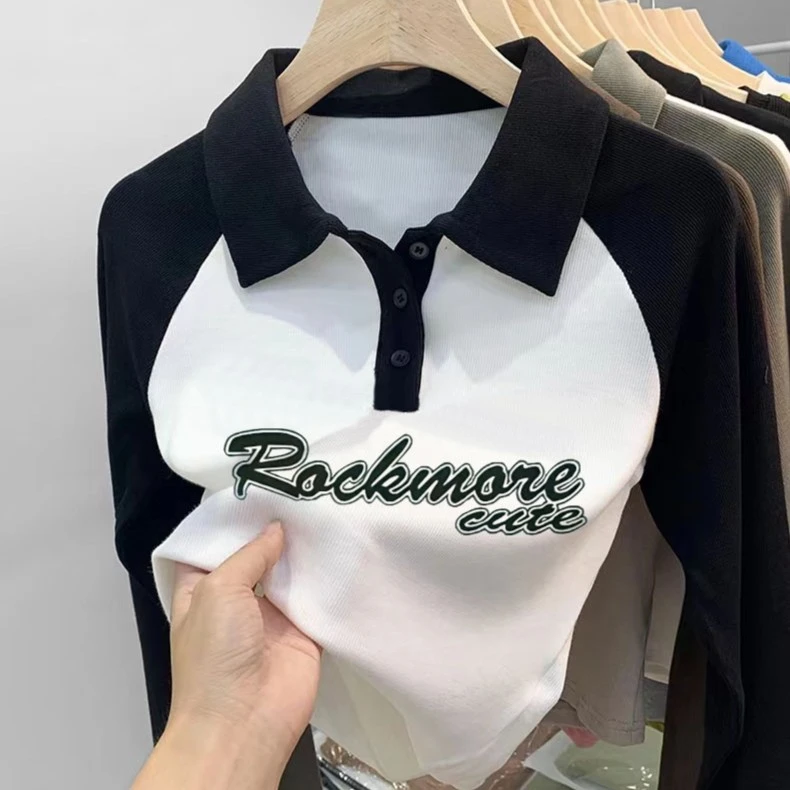 6501#美式polo领正肩长袖T恤女秋冬设计感小众修身打底衫短款上衣