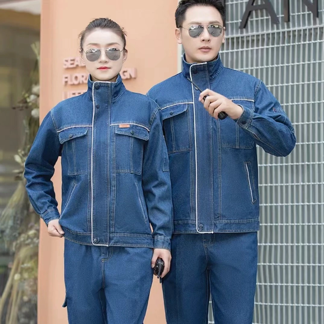 反光线牛仔加厚套装电焊工防烫耐磨汽修工厂建筑工地劳保工作服