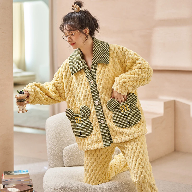 珊瑚绒睡衣女秋冬季长袖法兰绒加厚加绒年新款开衫家居服套装