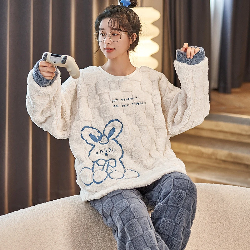 珊瑚绒睡衣女秋冬季年新款春加绒加厚保暖卡通宽松家居服套装韩版