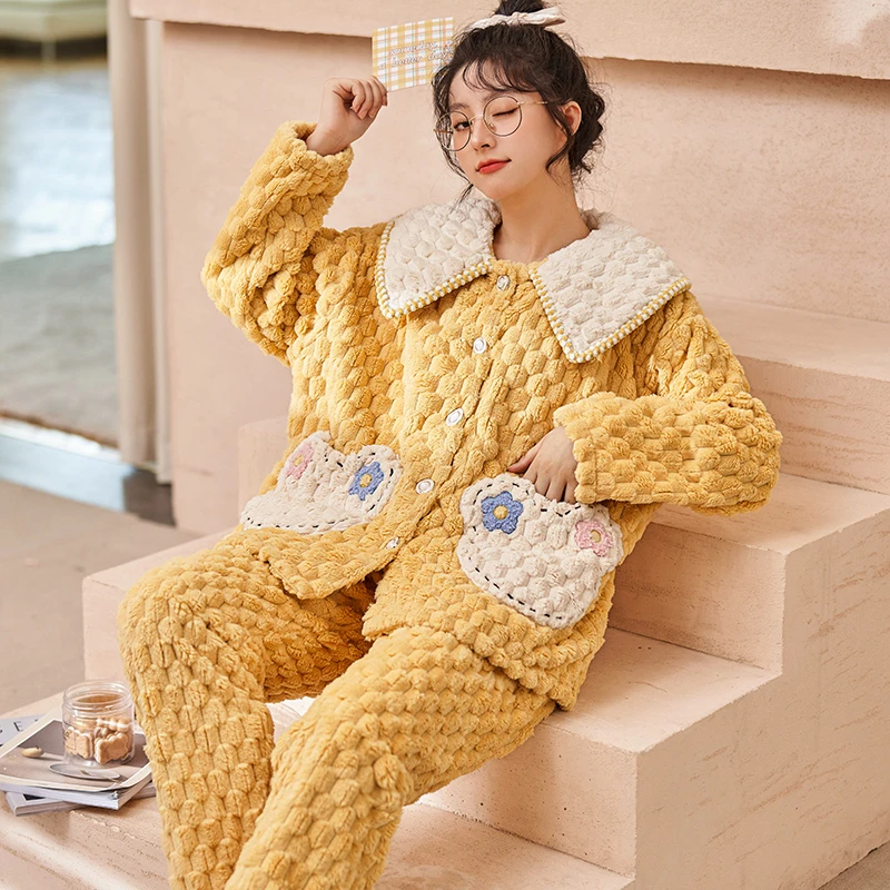 珊瑚绒睡衣女秋冬季年新款加绒加厚保暖长袖可外穿家居服套装甜美