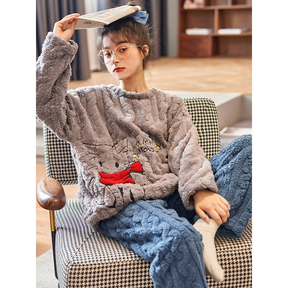 珊瑚绒睡衣女冬季加厚加绒可外穿冬天可爱卡通法兰绒套装春秋冬款