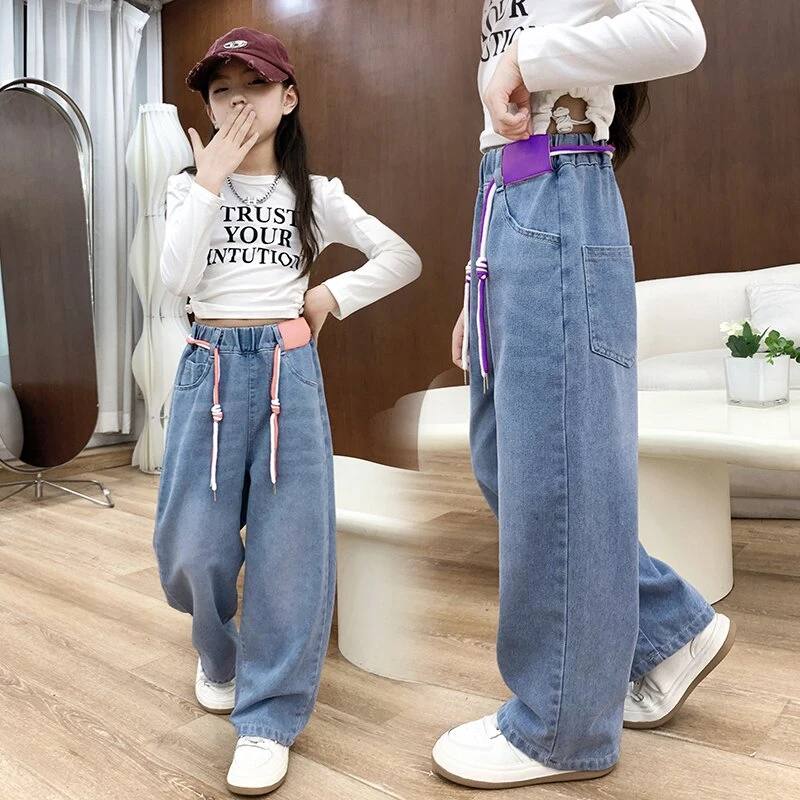 儿童牛仔裤裤子春秋阔腿裤女童宽松中大童洋气直筒休闲韩版秋季