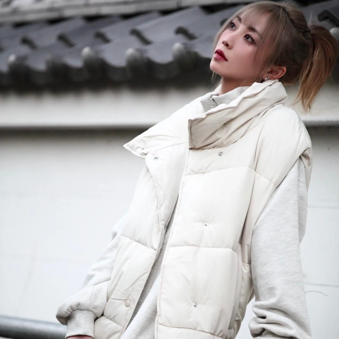 日本原单 立领棉马甲无袖宽松外穿马夹潮棉服坎肩背心外套225533