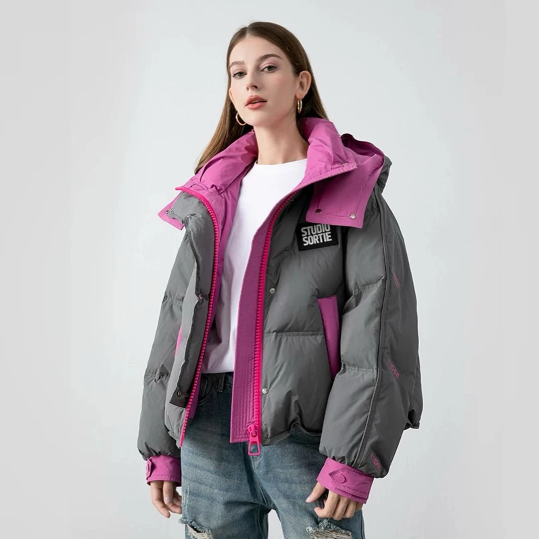 潮牌羽绒服女短款2025冬新款时尚洋气撞色休闲加厚保暖白鸭绒外套