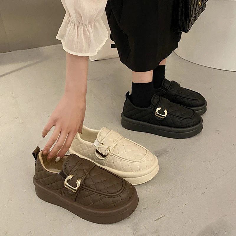 厚底豆豆鞋女冬季加绒单鞋2023新款一脚蹬乐福女鞋子面包毛毛棉鞋