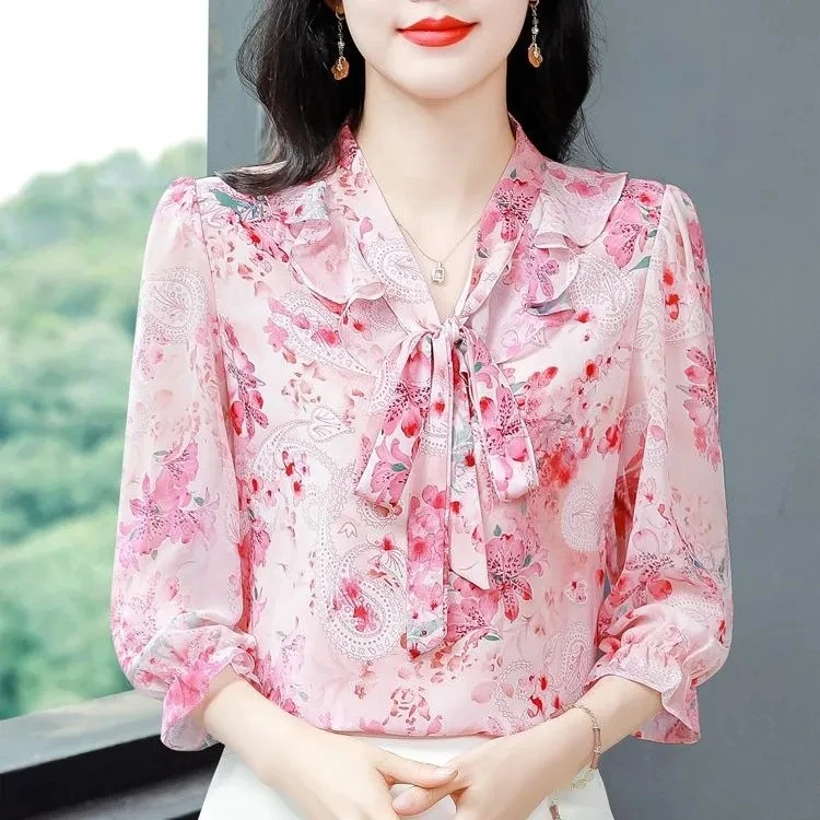 七分袖衬衣2024韩版女士气质夏季春夏印花洋气显瘦小衫