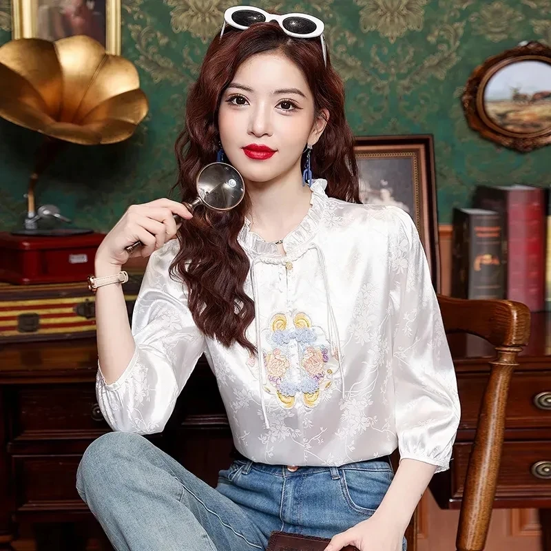 衬衫女七分袖春夏新款中式绣花减龄百搭舒适上衣