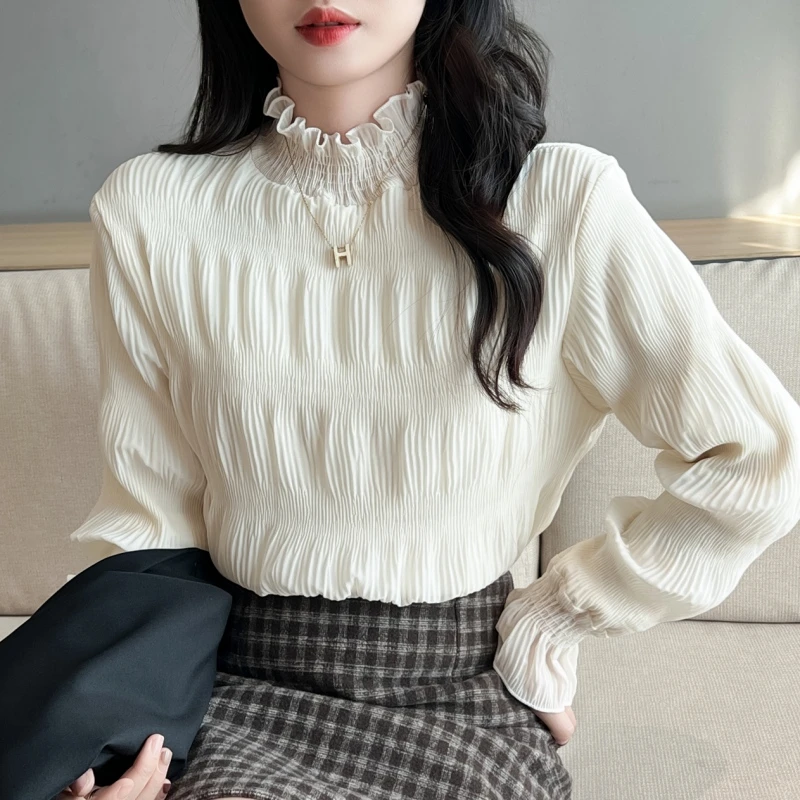 加绒秋冬新款蕾丝雪纺衫女打底衫半高领内搭上衣长袖洋气木耳边